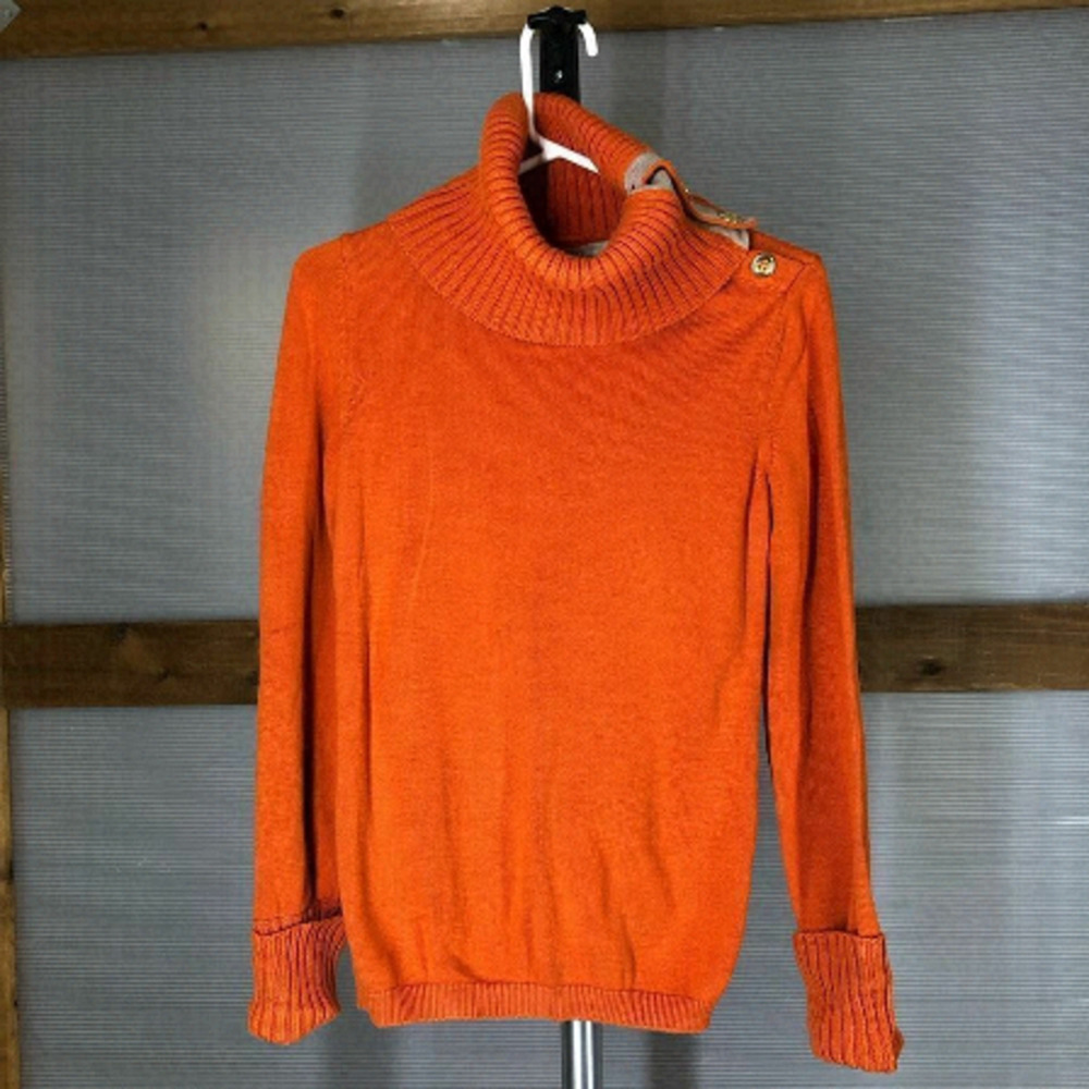 Banana‎ Republic Womens Orange Cotton Turtleneck Sweater Button Shoulder Size M